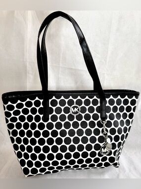Michael Kors Black & White Polka Dot Jet Set Tote MK Charm Saffiano Leather